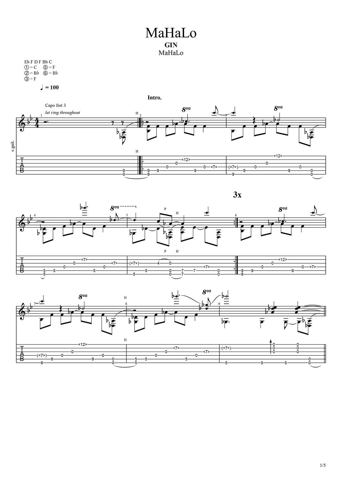 MaHaLo吉他谱 GIN 指间弹奏曲 高清